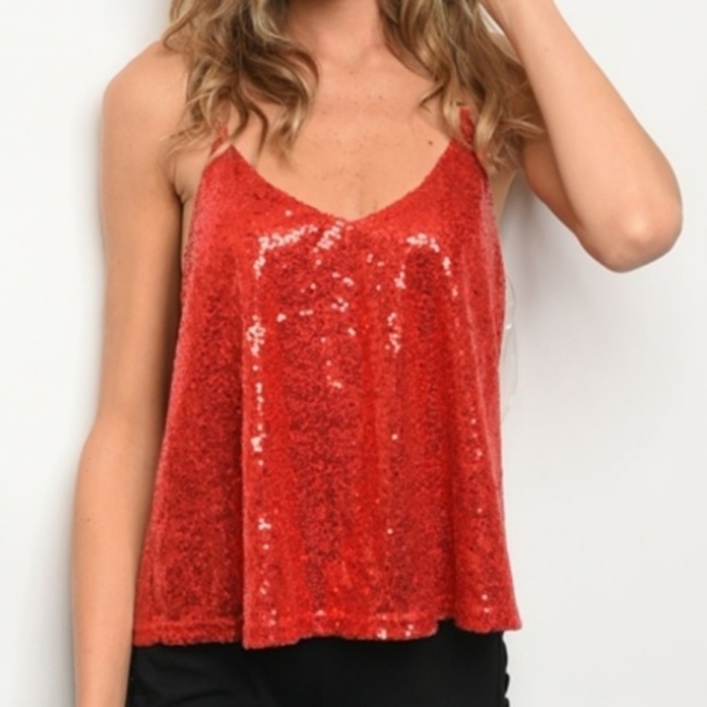 CASEY Sparkling Red Plunging Neck Sequin Swing Top Gold Chain Straps Small NWT